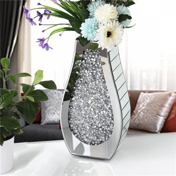 Flower Vase Crushed Diamond Mirrored Vase Crystal Silver Glass Decorative Vase - Picture 3 of 6